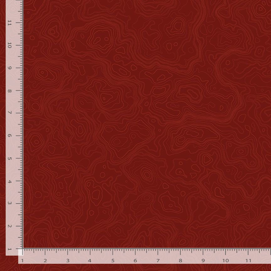 Red brown tonal with topography map-style lines.