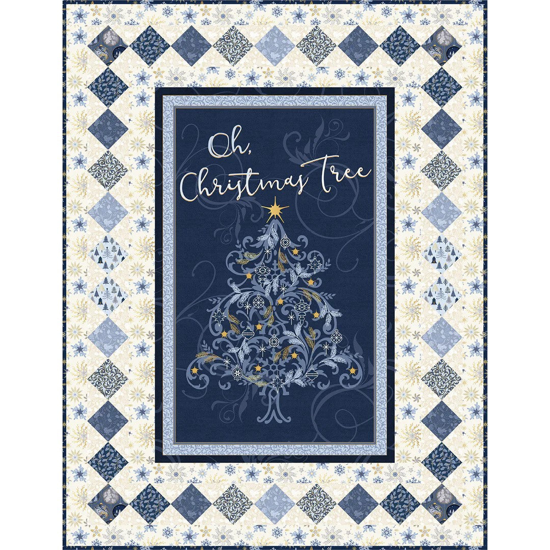 Blue and cream Christmas quilt kit featuring "Oh, Christmas Tree" center panel with ornate tree design surrounded by diamond border blocks in various blue patterns