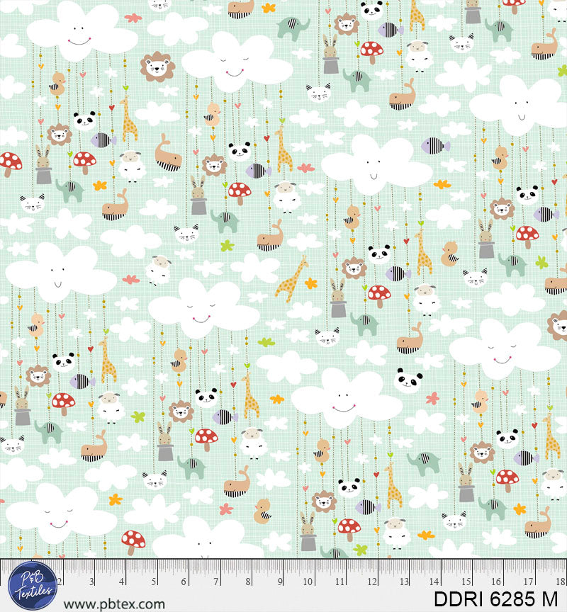 Green background with clouds and animals.