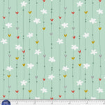 Green background with lines of flowers and hearts.