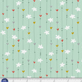 Green background with lines of flowers and hearts.
