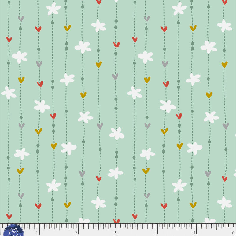 Green background with lines of flowers and hearts.