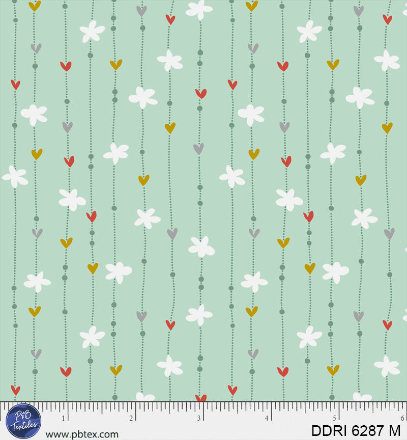 Green background with lines of flowers and hearts.