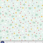 White background with gridded green lines and tossed flowers and 
