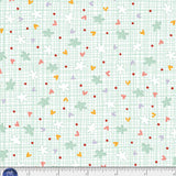 White background with gridded green lines and tossed flowers and 