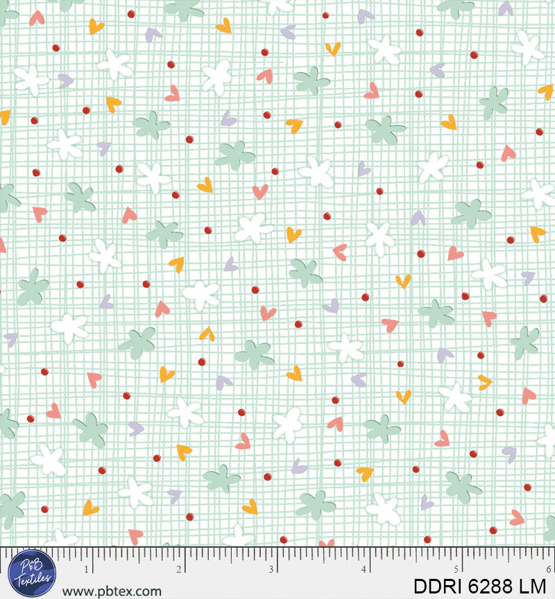 White background with gridded green lines and tossed flowers and 