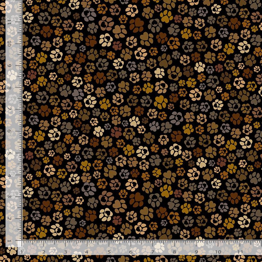 Brown, tan and gold dog prints on a black background.