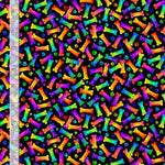 Multicolored ombre dog bones and paw prints on a black background