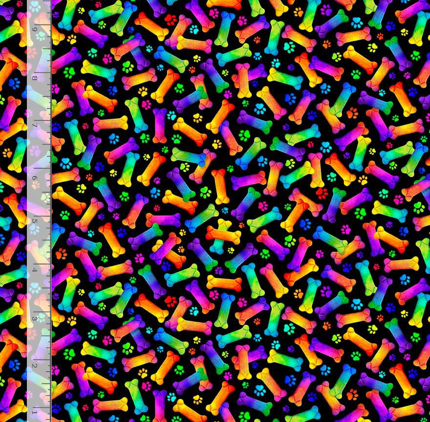 Multicolored ombre dog bones and paw prints on a black background