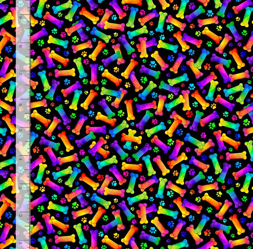 Multicolored ombre dog bones and paw prints on a black background