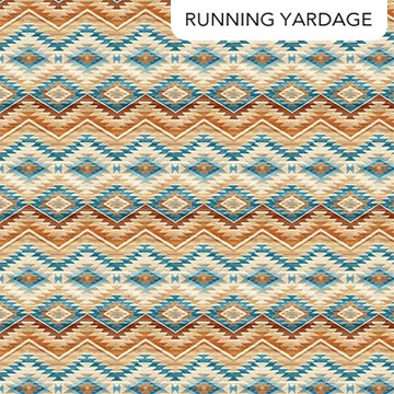 Chevrons in rust, cream and blue with Native American designs.