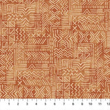 Geometric designs on a rust background, reminiscent of Native Ame