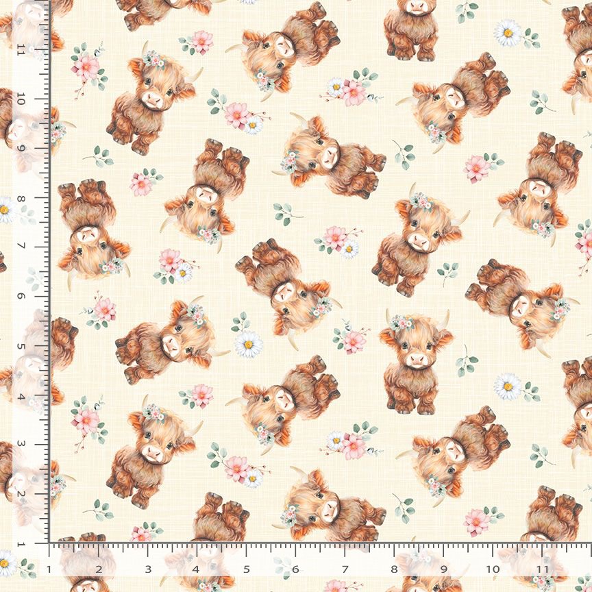 Tossed cows and flowers on a cream background.