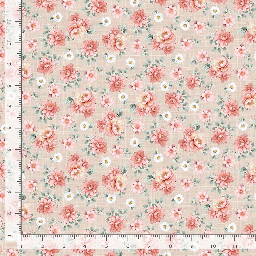 Dark cream background with pink flowers.