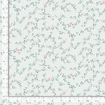 Floral vines curling around on a light blue gray background.