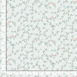 Floral vines curling around on a light blue gray background.