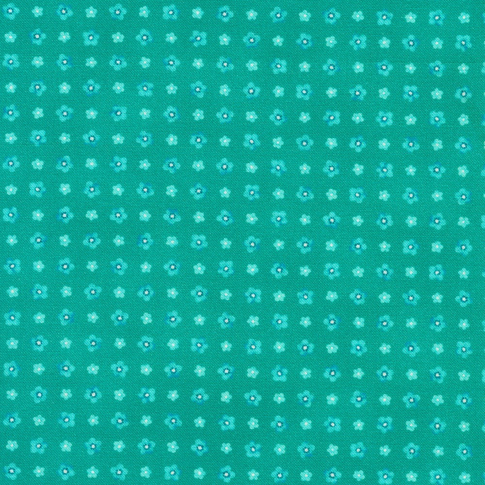 Jade green background with tiny turquoise flowers. 
Small prints