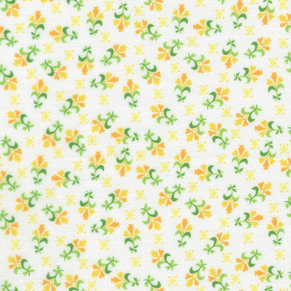 White background with tiny yellow and orange flowers with light y