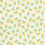 White background with tiny yellow and orange flowers with light y