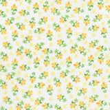 White background with tiny yellow and orange flowers with light y