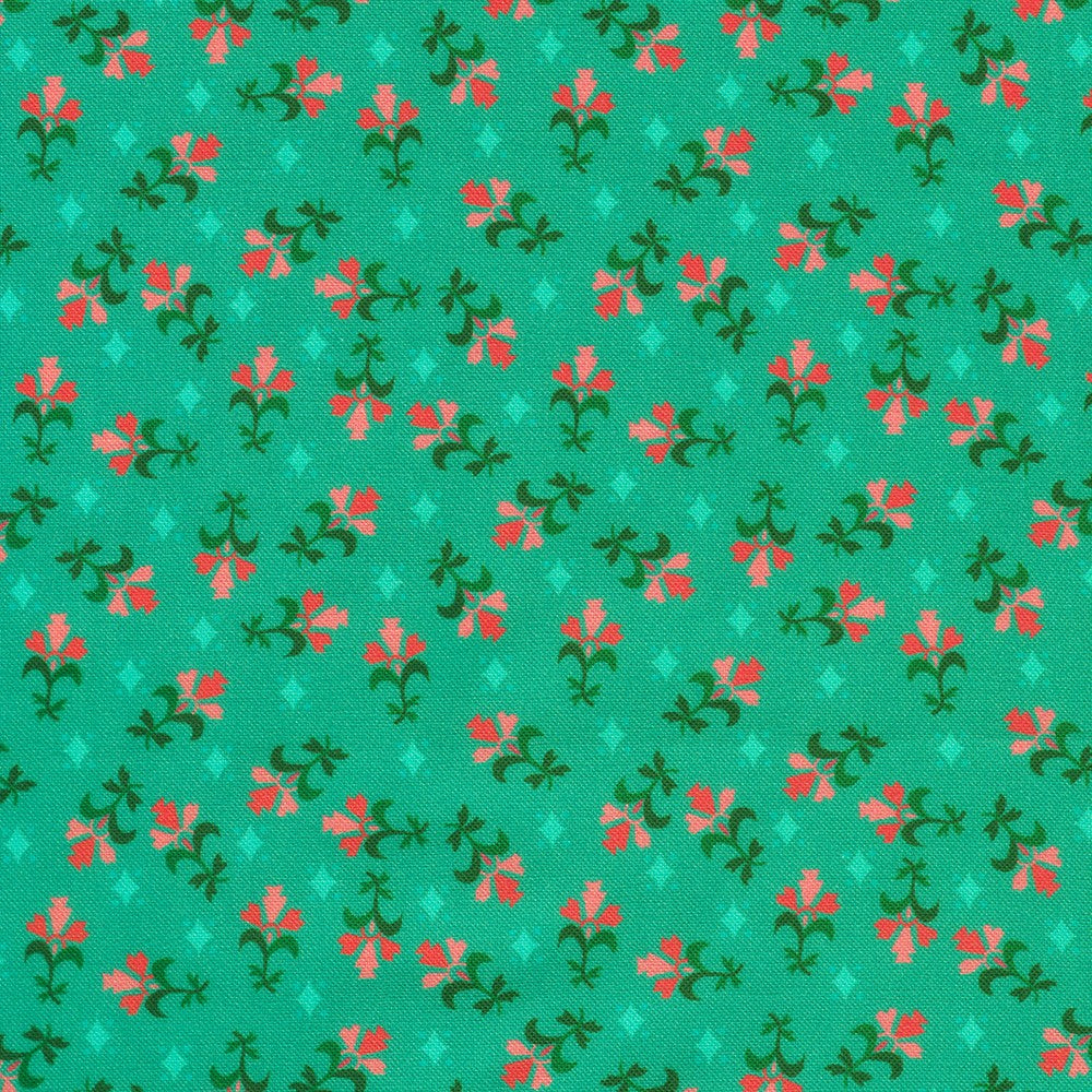 Jade green background with tiny pink flowers and turquoise diamon