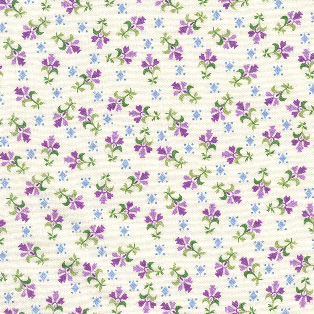 Ivory background with tiny purple flowers and periwinkle diamonds