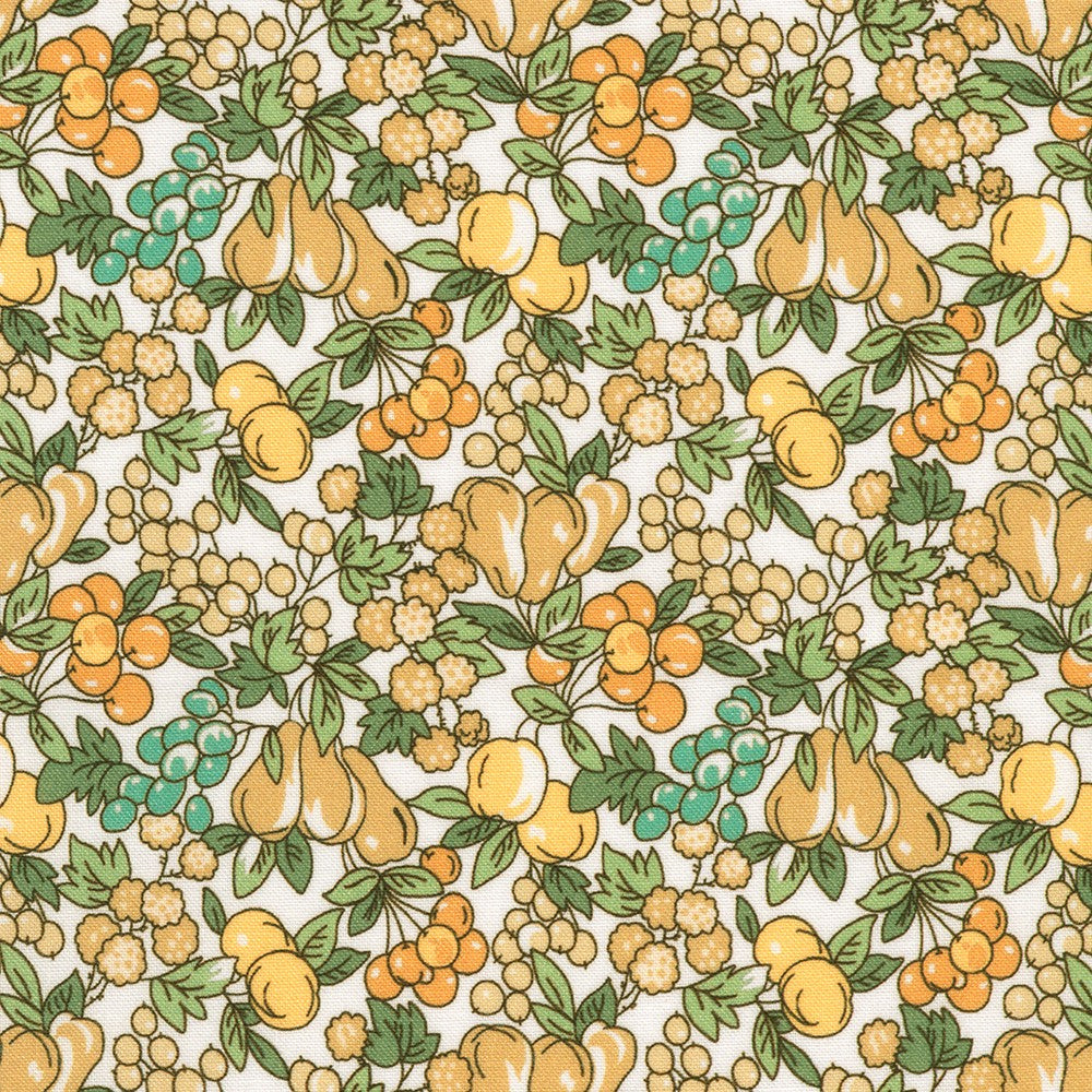 Ivory background with yellow and tan and green fruits. 
Small pr