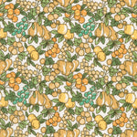 Ivory background with yellow and tan and green fruits. 
Small pr