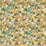 Ivory background with yellow and tan and green fruits. 
Small pr