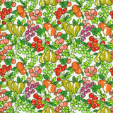Tossed vegetables and fruits on a white background. 
Small print