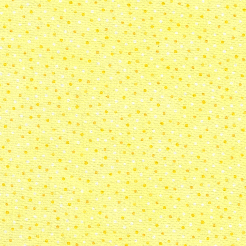 Light yellow background with orange and white dots. 
Small print