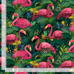 Bright pink flamingos among the jungle leaves in the background.