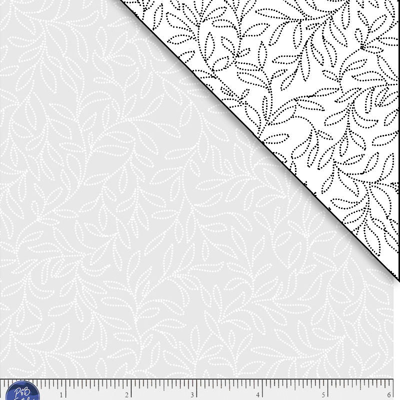 White tonal with leafy vines. Ramblings is a classic P&B Basic fe