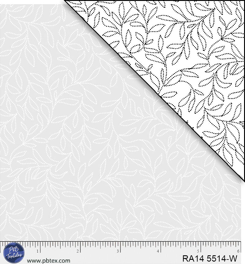 White tonal with leafy vines. Ramblings is a classic P&B Basic fe