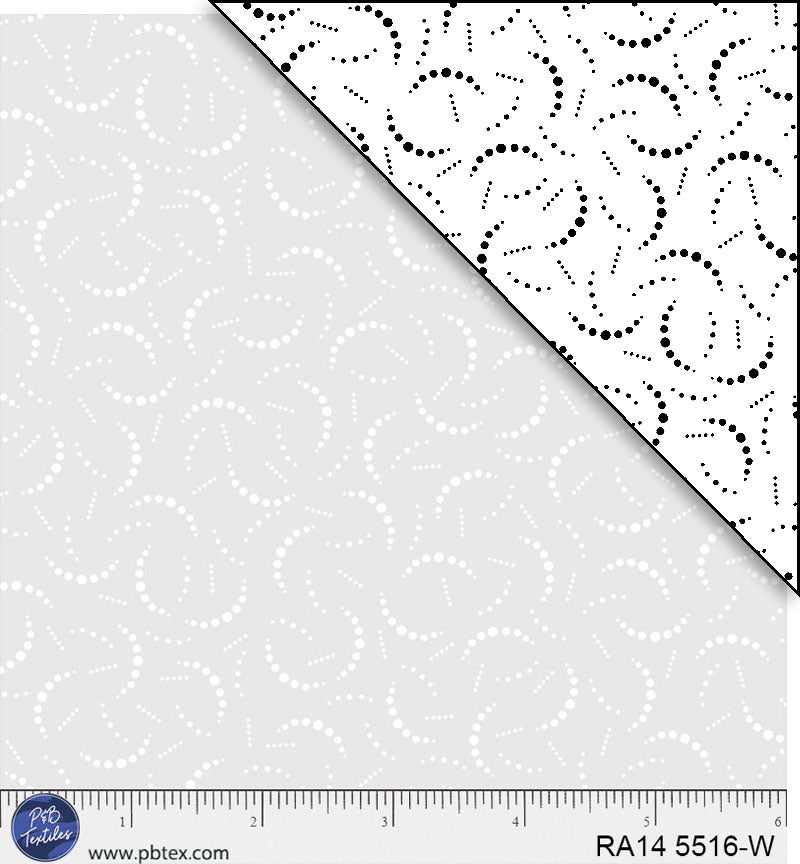 White tonal with curved dotted lines. Ramblings is a classic P&B 