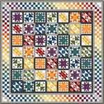 Colorful rainbow sampler quilt with 49 blocks featuring various traditional patterns in gradient colors from purple to red with checkered border