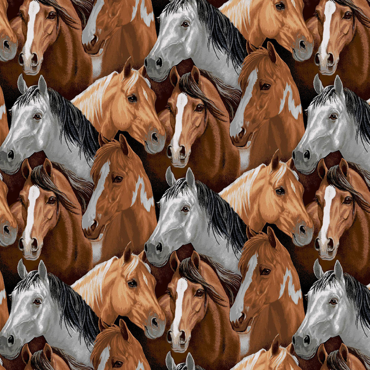Packed horse heads in brown, white and gray.