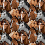 Packed horse heads in brown, white and gray.
