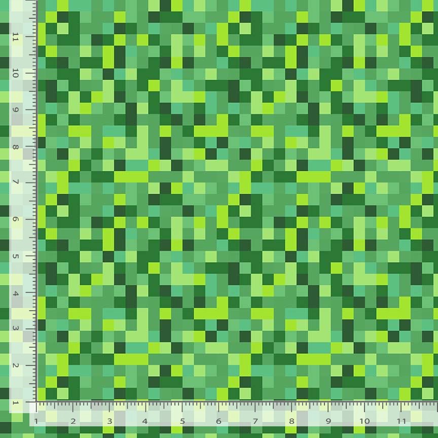 Green and yellow-green squares in a pixelated cluster.