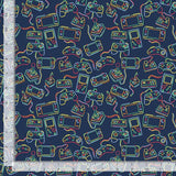 Video game controllers on a navy background.