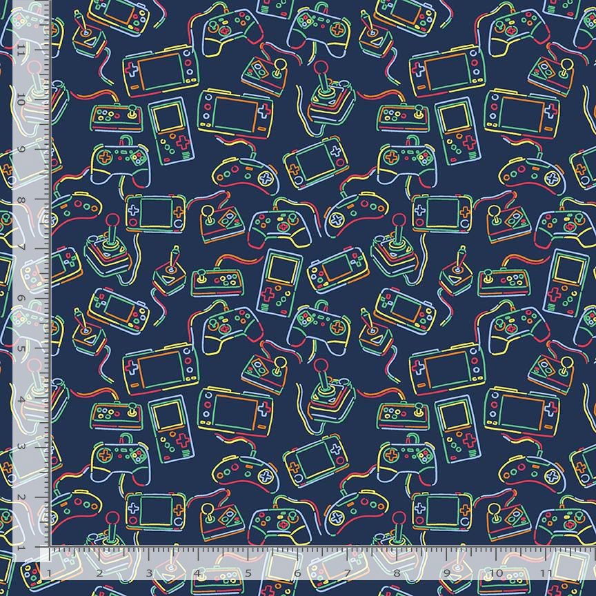 Video game controllers on a navy background.