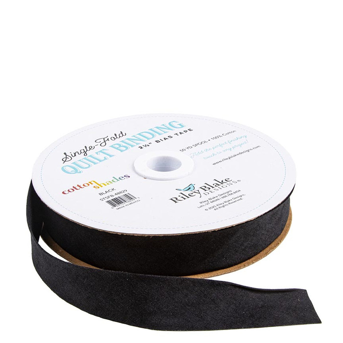 Black single fold bias binding. Sold by the quarter yard.