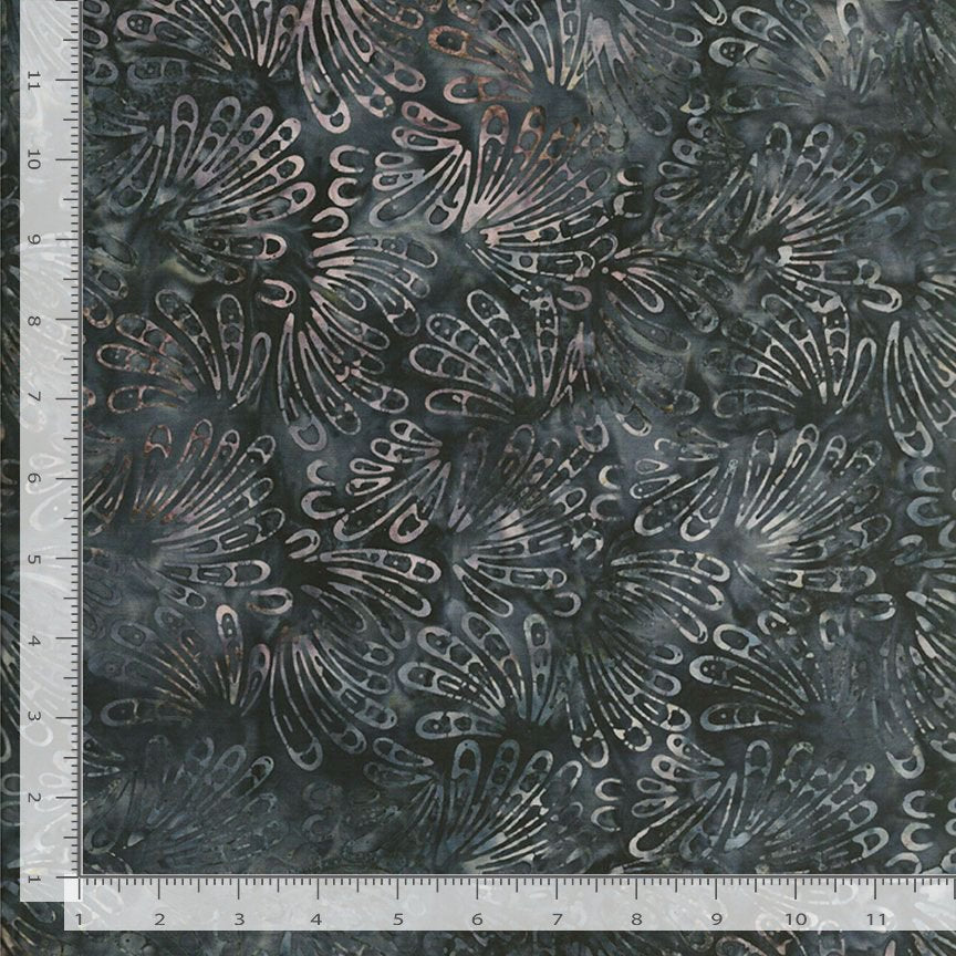 Gray blue background with leaf fans in a lighter tone and patches