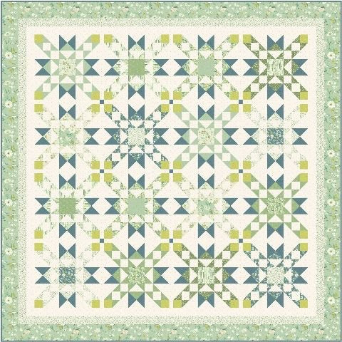 Fresh Cut quilt kit featuring geometric star and block pattern in soft greens, blues, and cream with floral border