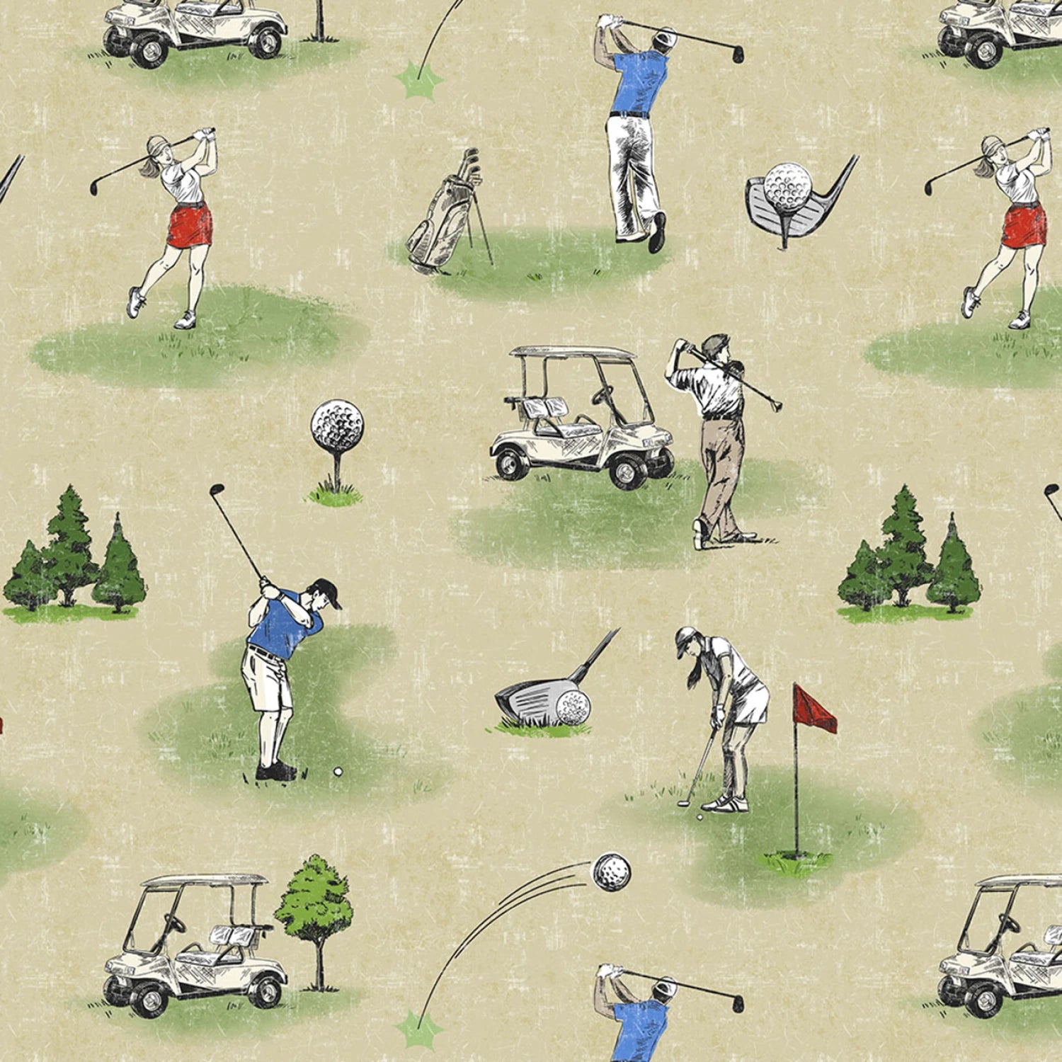 Tan background with small vignettes of golfing scenes.
