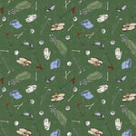 Green background with golf shoes, tees, golf balls, flags, gloves