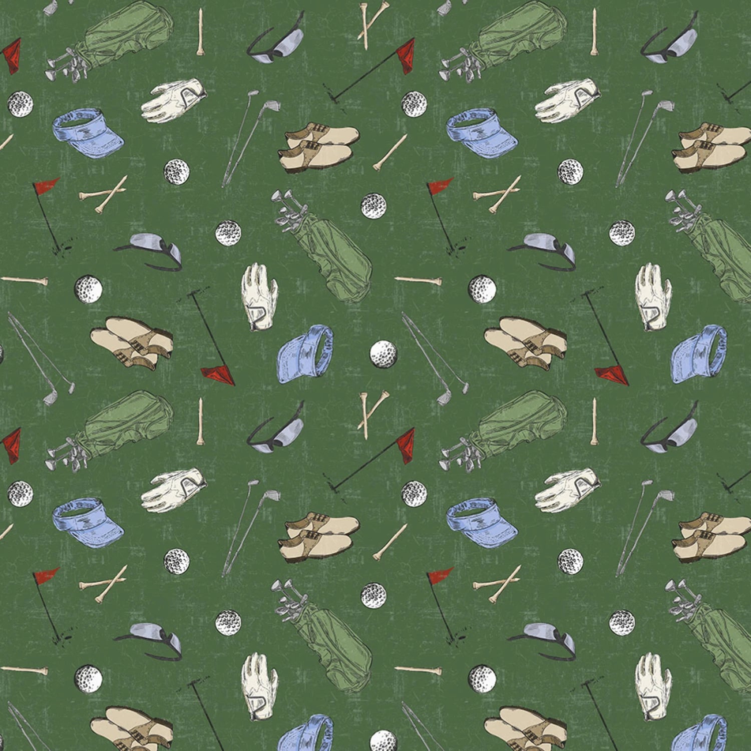 Green background with golf shoes, tees, golf balls, flags, gloves