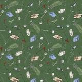 Green background with golf shoes, tees, golf balls, flags, gloves