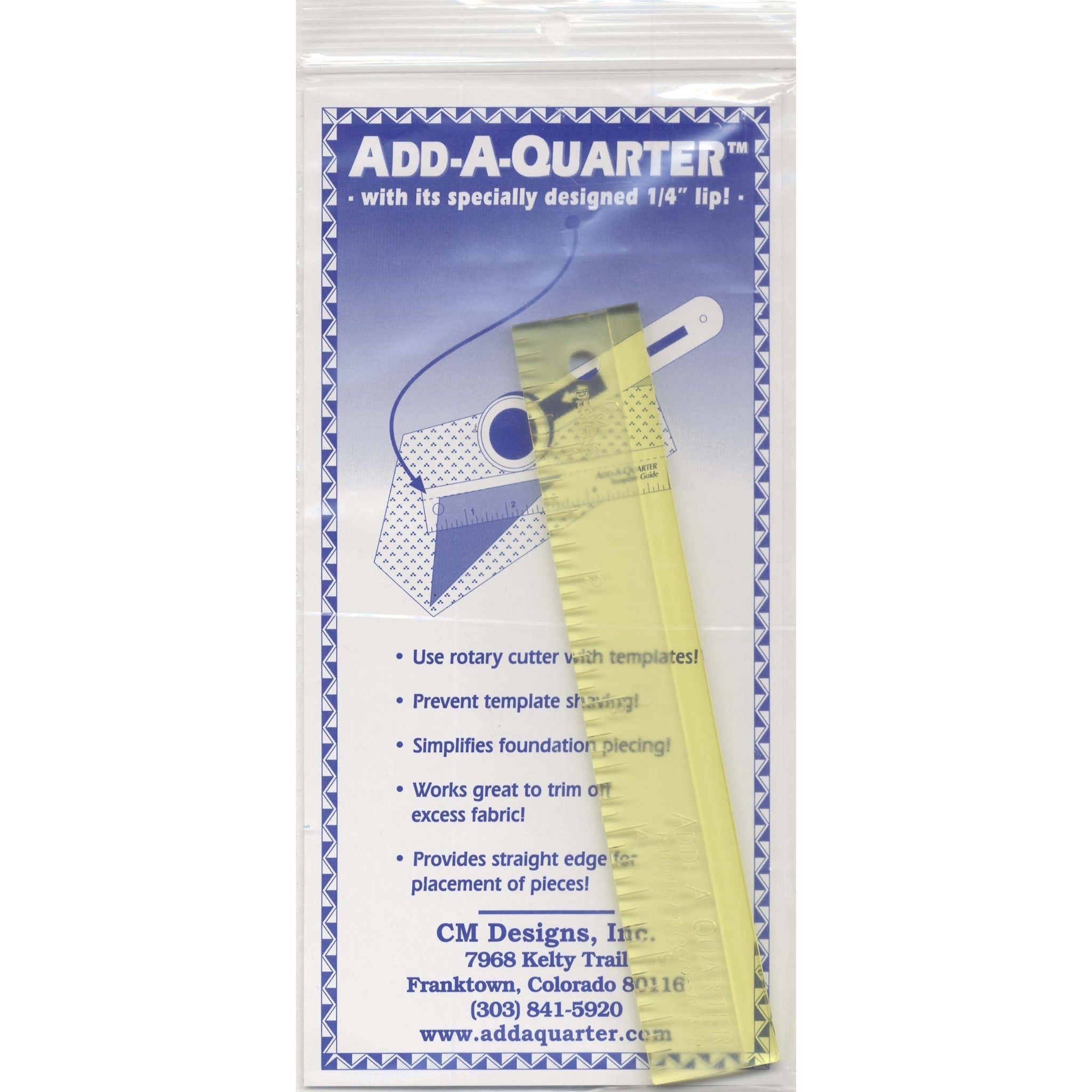 Yellow quilting ruler with 1/4 inch seam allowance lip, packaged in clear plastic with blue and white product information label.
