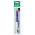 Purple fine-tip air erasable fabric marker in clear plastic packaging with green Clover branding and multilingual product information.
